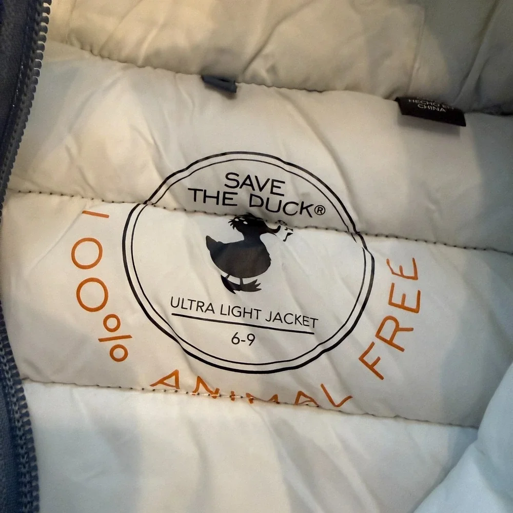 Save‎ The Duck Kids Ultra Light Puffer Jacket Blue Full-Zip Hooded Logo Size 6-9